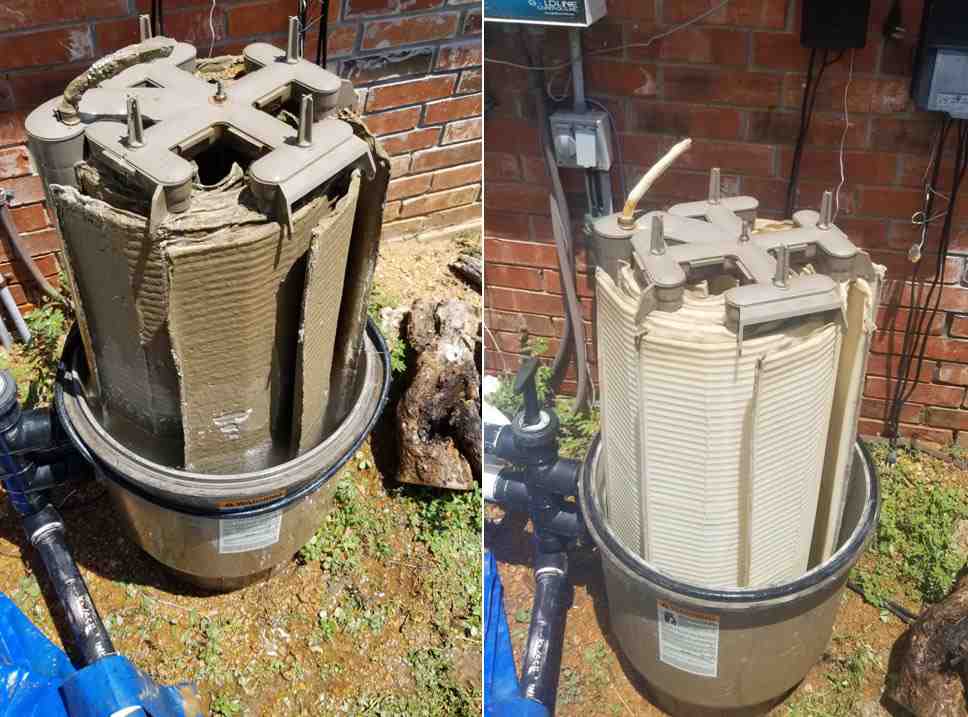 Side by side pictures of a very dirty plugged pool water filter and a clean new pool water filter to show the differences.