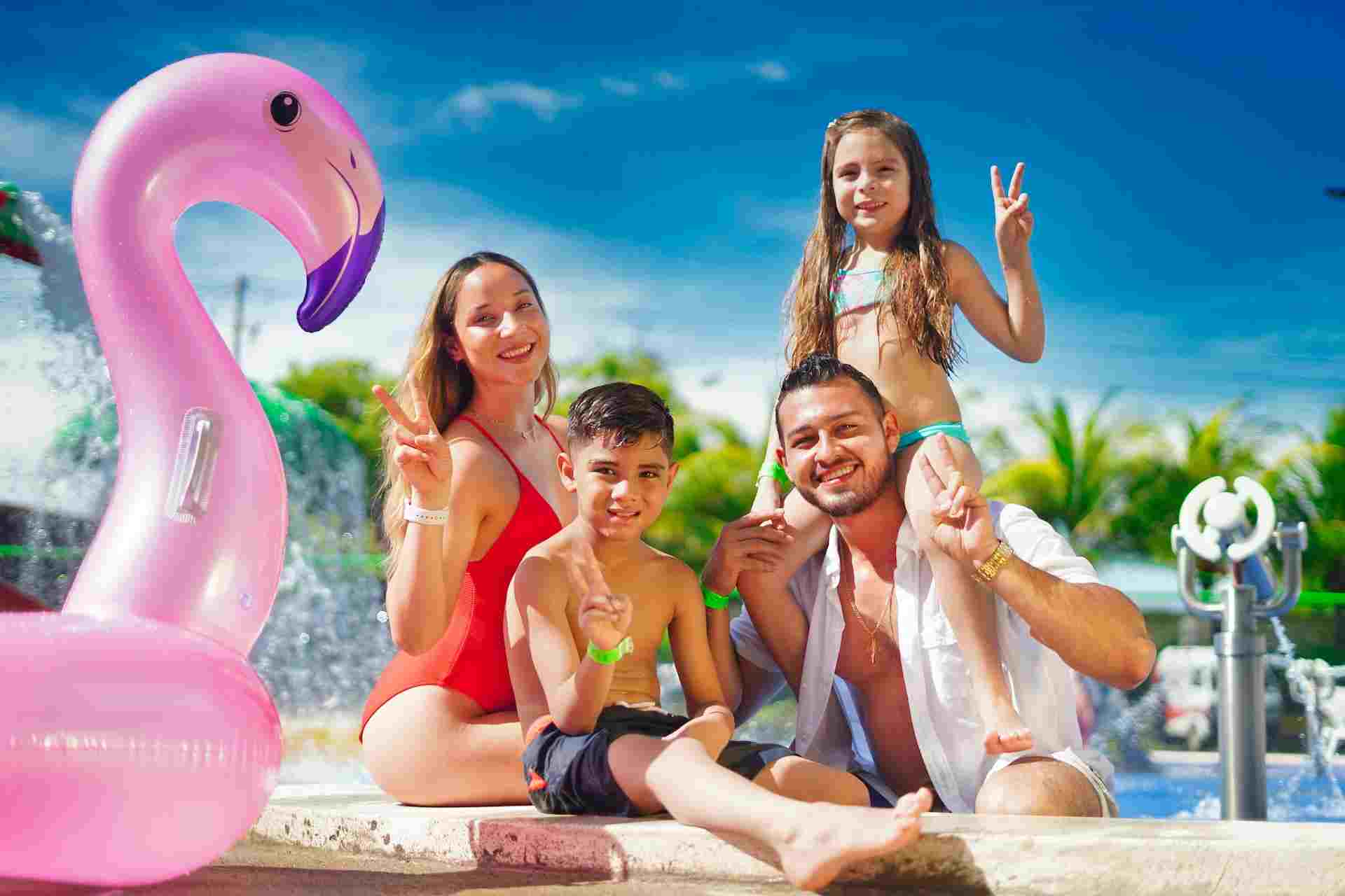 Happy family by a swimming pool, featuring Clear Choice Pool Care, highlighting weekly maintenance services, and aligning with the page's context.