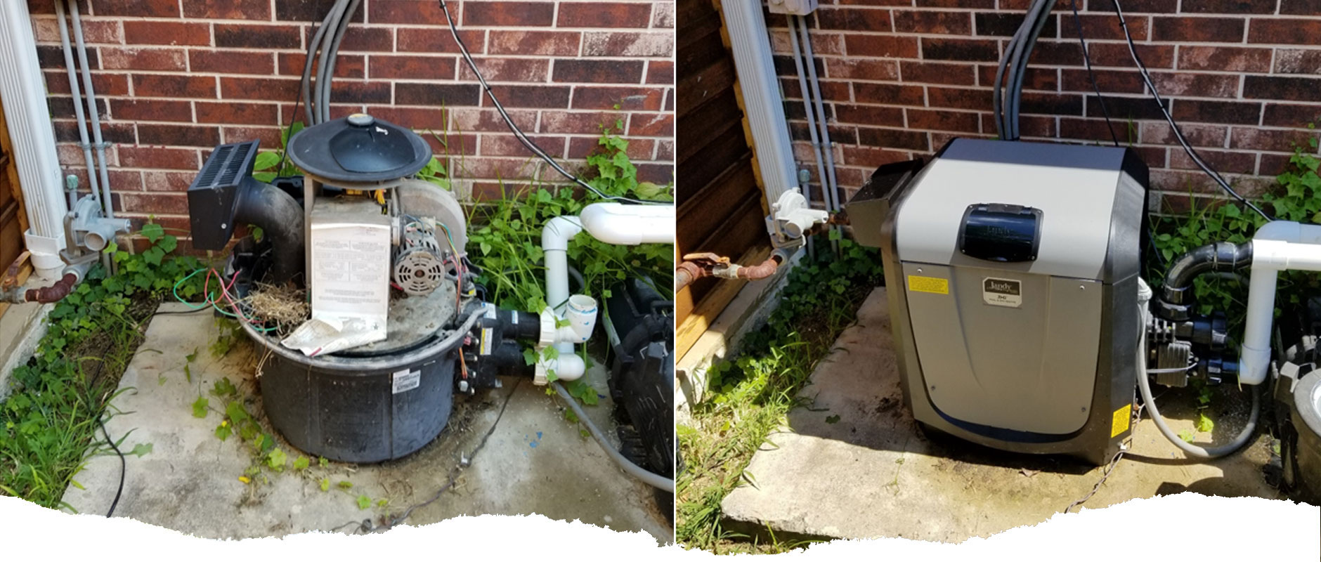 Two photos showing swimming pool heater units. One looks old and dirty and the other appears new or clean and well maintained thanks to swimming pool heater repair and maintenance.