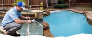 Two pictures showing a pool care technician servicing a pool sweep hose and a sparkling clean pool and water.
